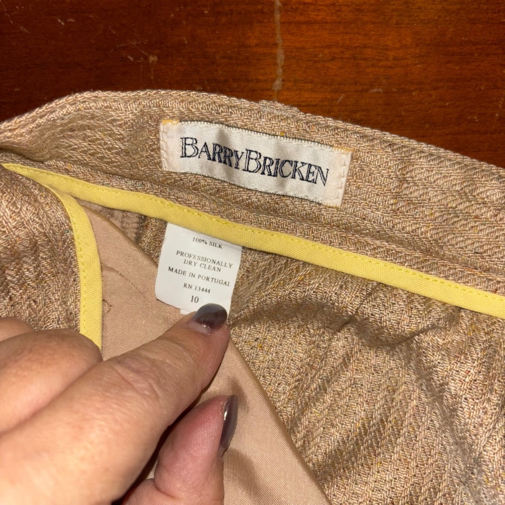 Barry Bricken | Vintage | Women's Size 10 Tan Striped Silk Blend Wide Leg Pants - Picture 2 of 11